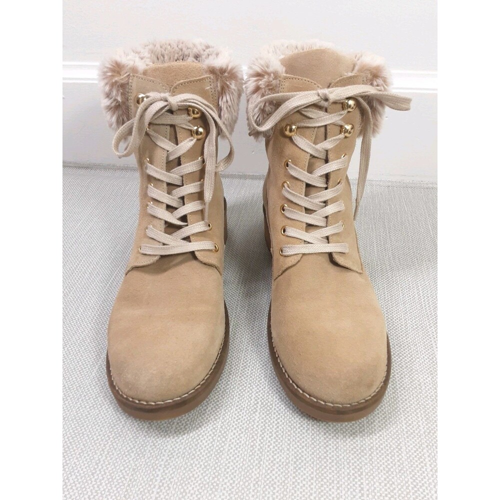 Antonio De Faria Lexi Size 9 Tan Boots Leather Upper Suede Faux Fur Combat Moto - Picture 2 of 15